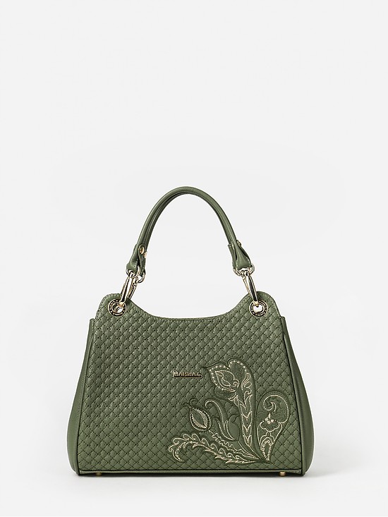 Оливковая сумка-тоут из стеганой кожи с цветочной вышивкой  Marina Creazioni