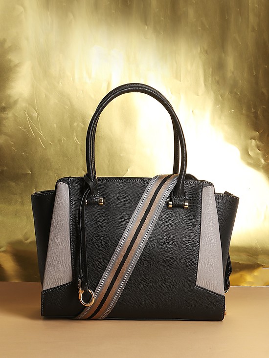 Черная сумка-тоут из плотной кожи с широким текстильным ремешком  Alessandro Beato