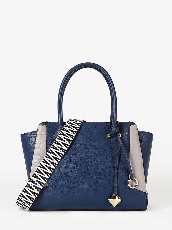 Синяя сумка-тоут из плотной кожи с широким текстильным ремешком  Alessandro Beato