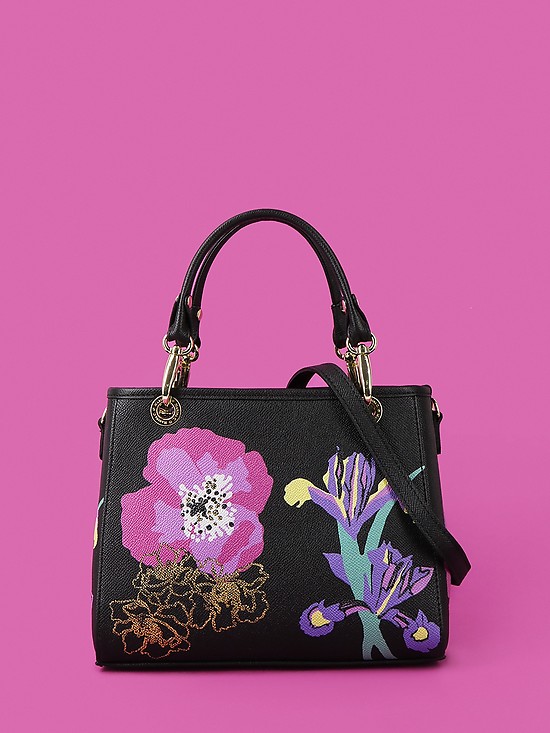 Черная кожаная сумка-тоут с крупным цветочным принтом  Marina Creazioni