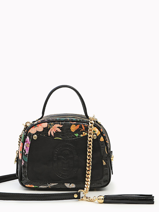 Черная сумка-боулер плотной кожи с тиснением под крокодила и цветочным принтом  Marino Orlandi
