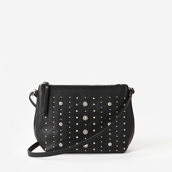 Мягкая сумочка кросс-боди из черной кожи с серебристыми фигурными клепками  Marina Creazioni