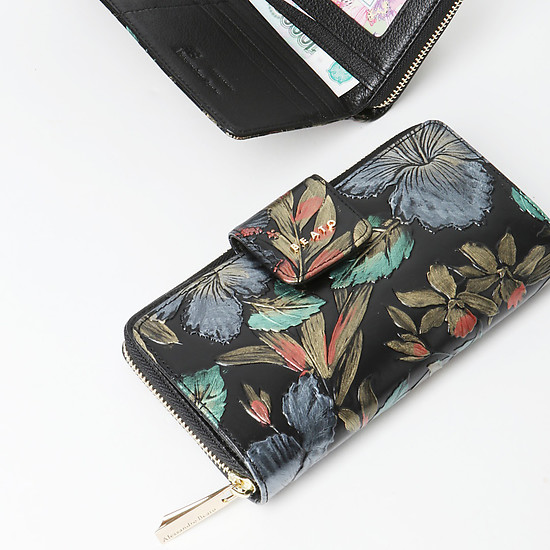 Черный горизонтальный кошелек из кожи с объемным цветочным принтом  Alessandro Beato