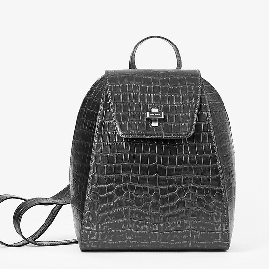 Рюкзак в оттенке черный металлик среднего размера из натуральной кожи с тиснением под крокодила  Arcadia