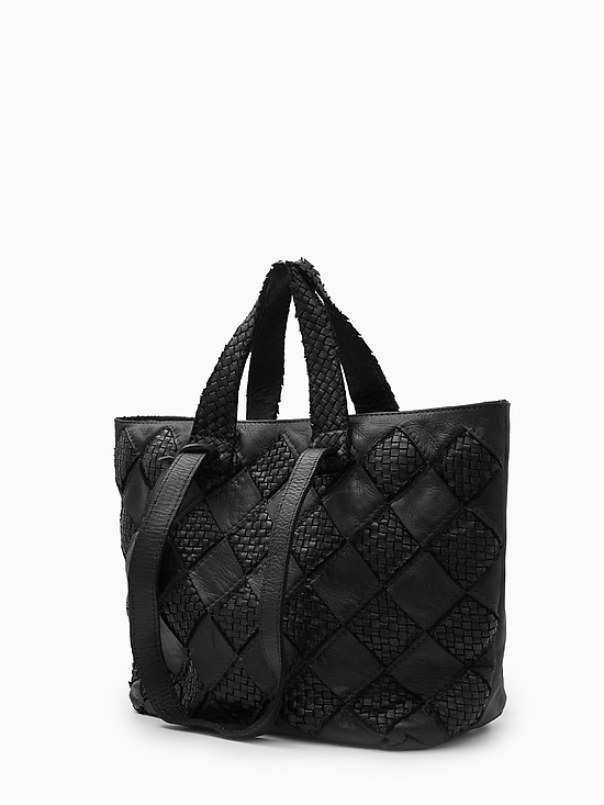 Черная сумка-тоут в винтажном стиле из мягкой кожи с плетеным декором  Folle