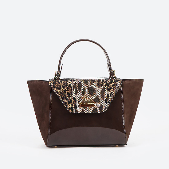 Небольшая коричневая сумка-трансформер в сочетании кожи и замши с леопардовым декором  Lucia Lombardi
