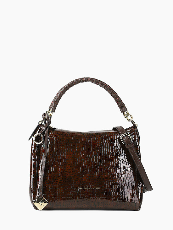 Компактная сумка из коричневой лаковой кожи под крокодила на плетеном ремешке с цепочкой  Alessandro Beato