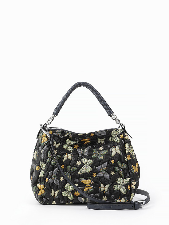 Мягкая компактная сумка-хобо из кожи с объемным тиснением-букле в черном цвете с разноцветными бабочками  Alessandro Beato