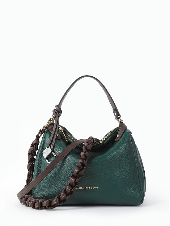 Небольшая мягкая кожаная сумка-хобо темно-зеленого цвета с плетеным ремешком  Alessandro Beato