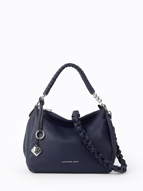 Небольшая мягкая кожаная сумка-хобо синего цвета с плетеным ремешком  Alessandro Beato