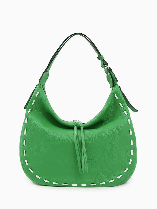 Зеленая сумка-хобо из натуральной кожи с контрастными стежками  Ripani