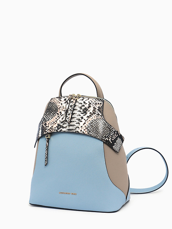 Стильный двухцветный рюкзак из синей и серо-бежевой  кожи с контрастными вставками  Alessandro Beato