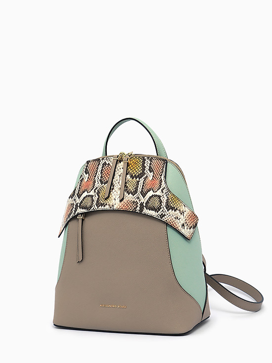 Стильный двухцветный рюкзак из серо-бежевой и мятной кожи с контрастными вставками  Alessandro Beato