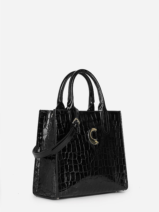 Черная сумка-тоут из лаковой кожи под крокодила с тремя отделами  Carlo Salvatelli