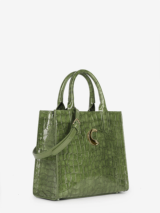 Зеленая сумка-тоут из лаковой кожи под крокодила с тремя отделами  Carlo Salvatelli