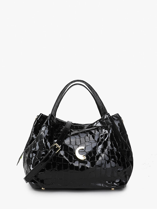 Черная сумка-тоут из лаковой кожи под крокодила  Carlo Salvatelli