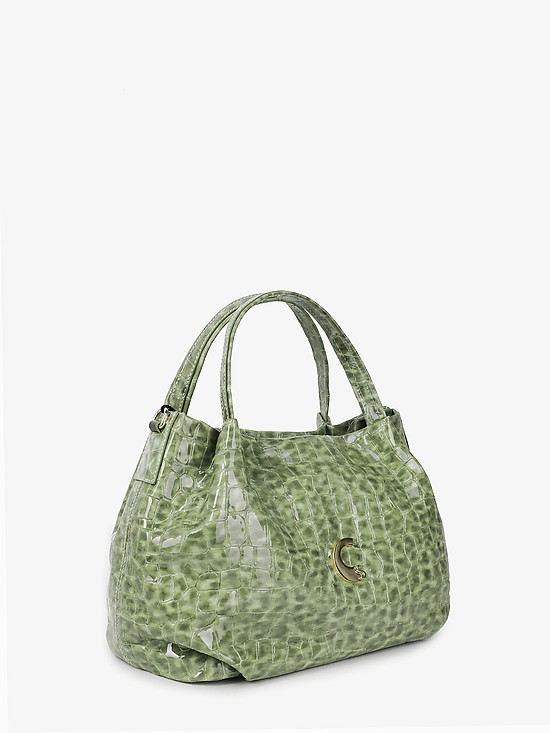 Зеленая сумка-тоут из лаковой кожи под крокодила  Carlo Salvatelli