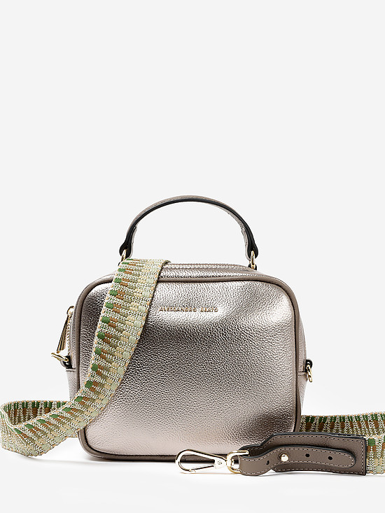 Бронзовая кожаная сумочка-боулер с текстильным ремешком  Alessandro Beato