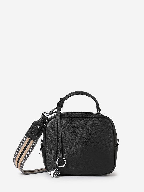 Черная кожаная сумочка-боулер с текстильным ремешком  Alessandro Beato