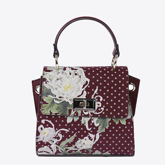 Трапециевидная сумочка бордового цвета небольшого размера из натуральной кожи с цветочным принтом  Alessandro Beato