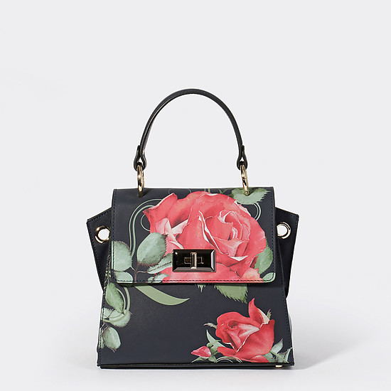 Трапециевидная сумочка темно-синего цвета небольшого размера из натуральной кожи с принтом в виде роз  Alessandro Beato