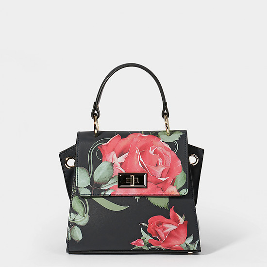 Трапециевидная сумочка черного цвета небольшого размера из натуральной кожи с принтом в виде роз  Alessandro Beato