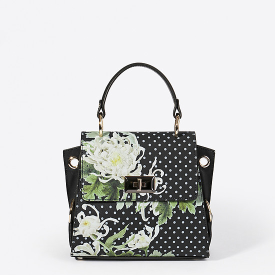 Трапециевидная сумочка черного цвета небольшого размера из натуральной кожи с цветочным принтом  Alessandro Beato