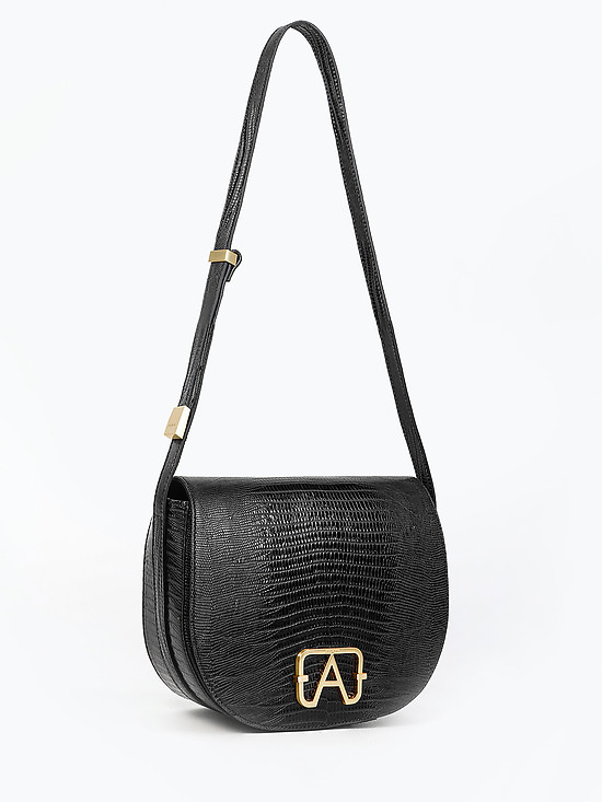 Полукруглая сумка кросс-боди из черной кожи под рептилию  Arcadia