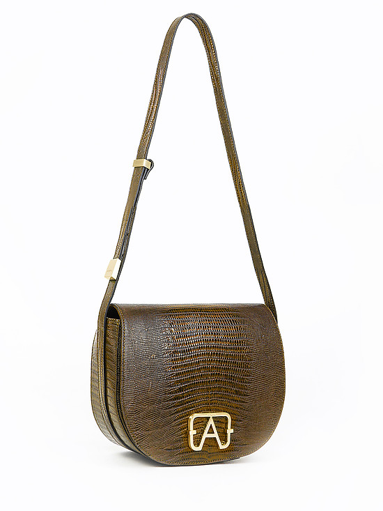 Полукруглая сумка кросс-боди из оливковой кожи под рептилию  Arcadia
