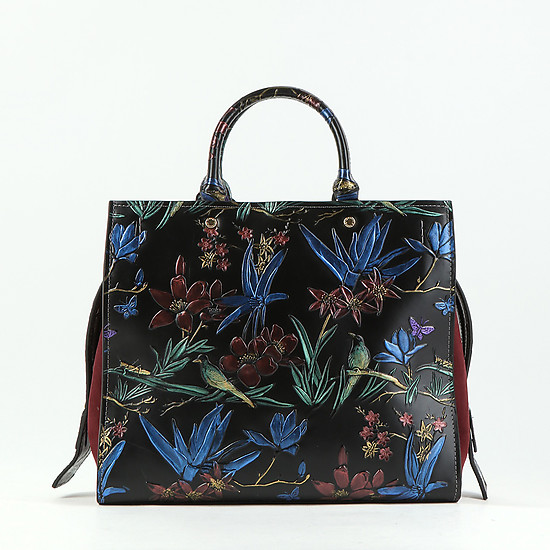 Квадратная сумочка небольшого размера из натуральной черной кожи с бордовой замшевой вставкой и цветочным принтом  Alessandro Beato