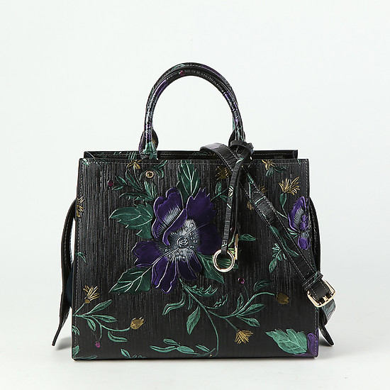 Квадратная сумочка небольшого размера из натуральной черной кожи с темно-зеленой замшевой вставкой и цветочным принтом  Alessandro Beato
