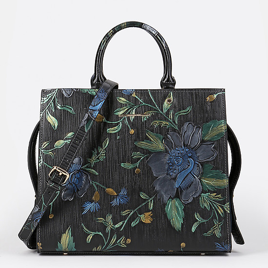 Квадратная сумочка небольшого размера из натуральной черной кожи с замшевыми вставками и цветочным принтом  Alessandro Beato
