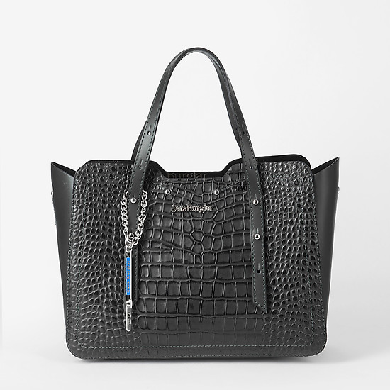 Черная сумка-тоут  из кожи под крокодила с регулируемыми ручками  Sara Burglar