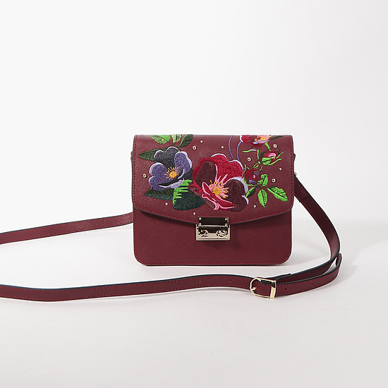 Бордовая сумочка из натуральной кожи сафьяно с цветочной вышивкой  Alessandro Beato