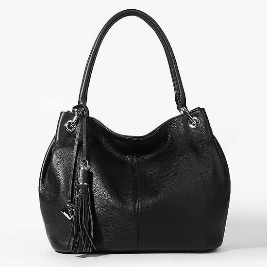 Мягкая кожаная сумка с кисточкой в классическом черном цвете  Alessandro Beato
