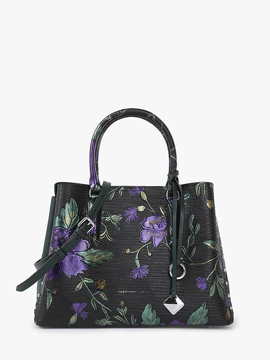 Черная кожаная сумка-тоут среднего размера с цветочным принтом  Alessandro Beato