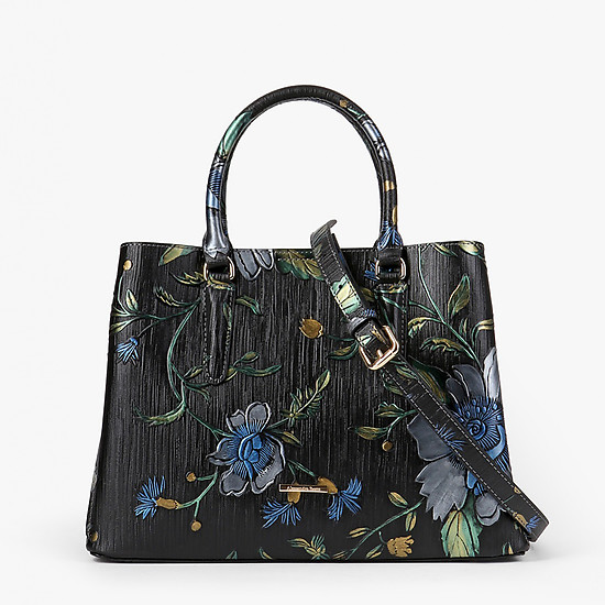 Черная кожаная сумочка-трапеция среднего размера с цветочным принтом  Alessandro Beato