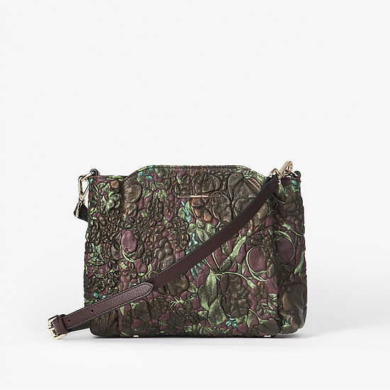 Бордовая сумочка кросс-боди из мягкой кожи с объемным цветочным тиснением и тремя отделами  Alessandro Beato