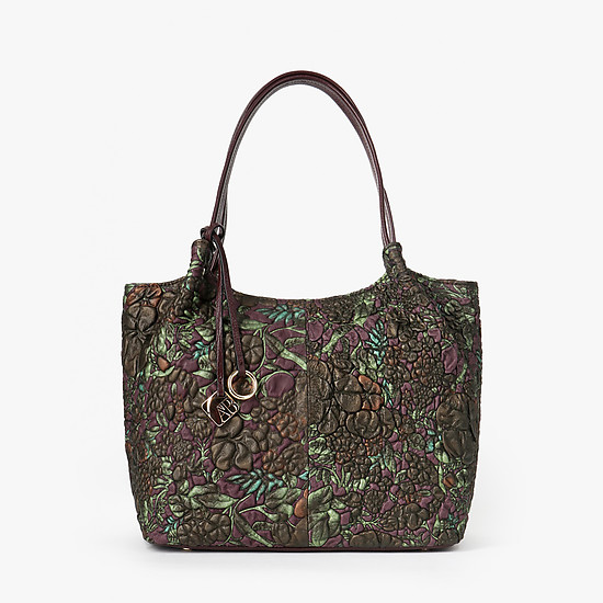 Бордовая сумка-тоут из мягкой кожи с объемным цветочным тиснением и принтом  Alessandro Beato