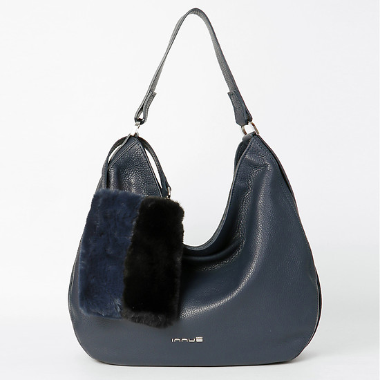 Синяя сумка-хобо из мягкой кожи с дополнительной меховой мини сумочкой  Innue