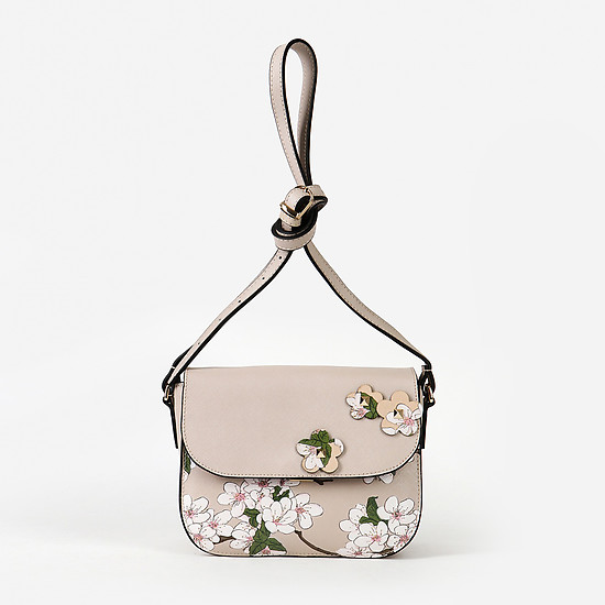 Бежевая сумочка кросс-боди из плотной сафьяновой кожи с цветочным принтом и аппликацией  Alessandro Beato