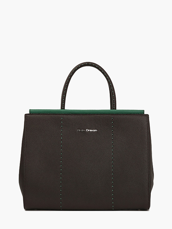 Прямоугольная сумка тоут из темно-коричневой кожи с зеленой строчкой  Fiato Dream