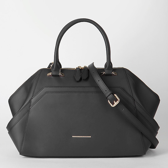 Вместительная кожаная сумка-трапеция черного цвета  Alessandro Beato