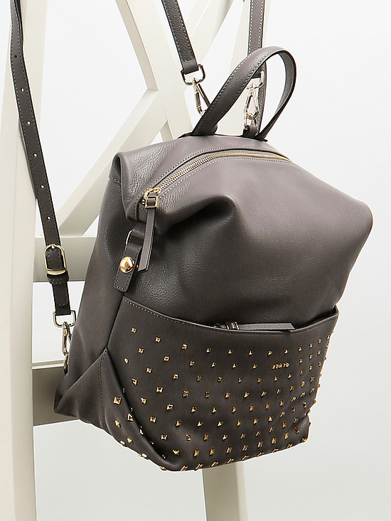Сумка-рюкзак из мягкой темно-серой кожи с шипами  Alessandro Beato
