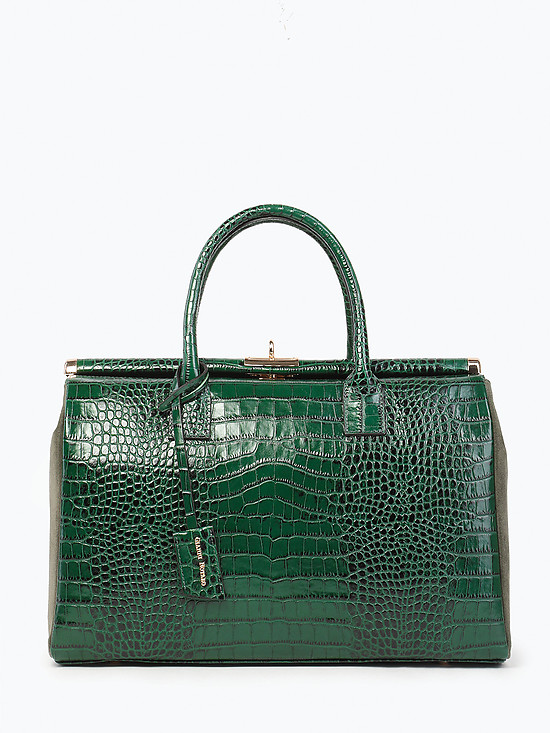 Зеленая сумка а-ля саквояж из кожи под крокодила и замши  Gianni Notaro