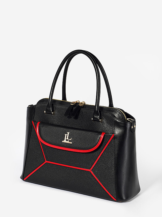 Черная кожаная сумка-тоут с красной отделкой  Lucia Lombardi