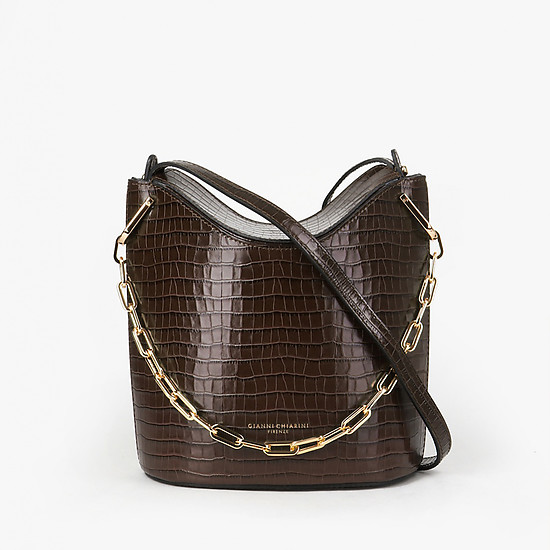 Темно-коричневая сумка-пакет из кожи с тиснением под крокодила  Gianni Chiarini