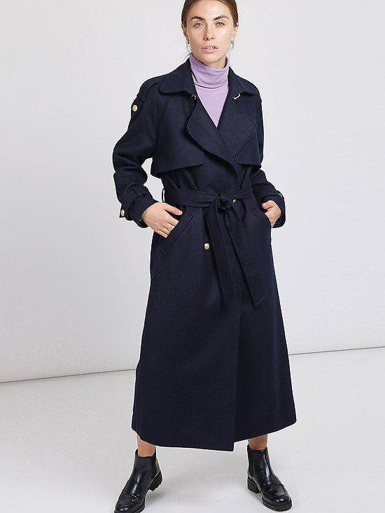 Длинное двубортное пальто из натуральной шерсти в темно-синем оттенке  Ame