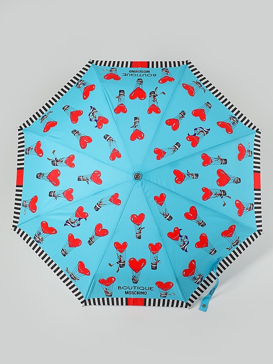 Голубой складной зонт автомат с принтом сердец  Moschino