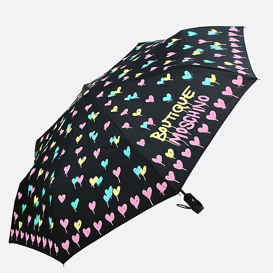 Черный складной зонт с сердцами  Moschino